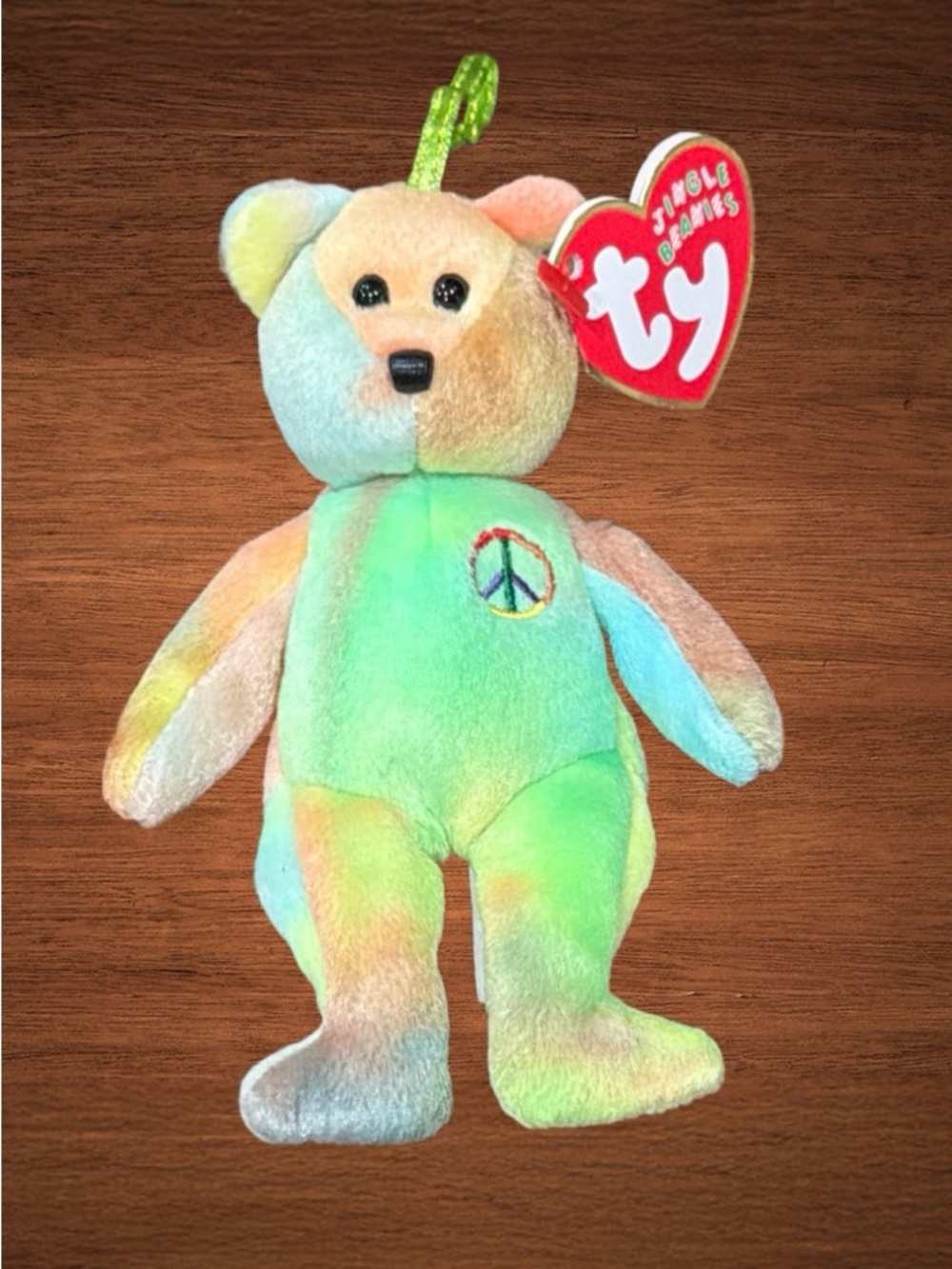 TY JINGLE BEANIES COLLECTION PEACE THE BEAR STUFFED ANIMAL.CHRISTMAS ORNAMENT 5”